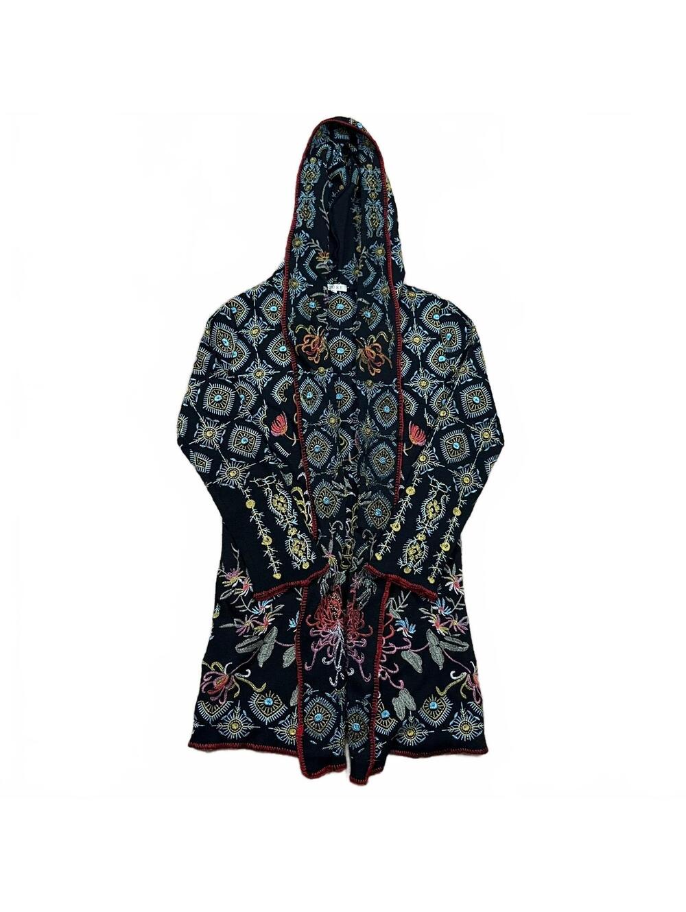 Adore Embroidered Hooded Cardigan Duster Sweater Boho Floral Black Size Small